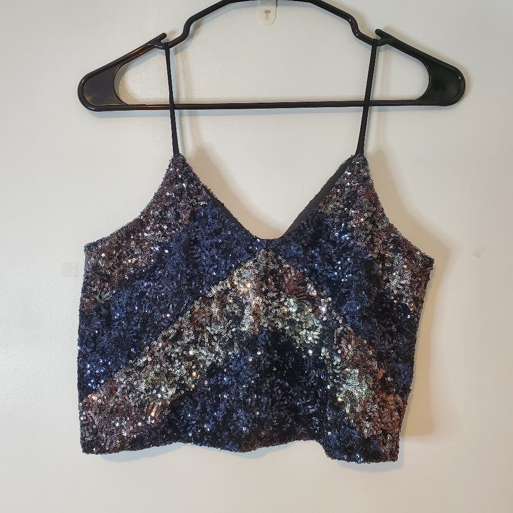 Dress The Population Women Blue Sequin Plunge Crop Top